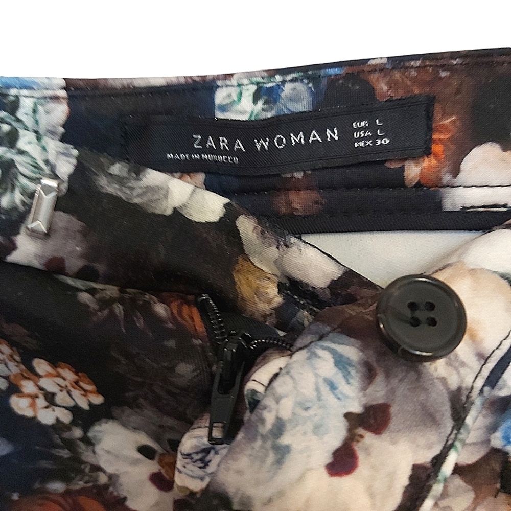 Zara pants womens L blue brown floral on black skinny trousers dark flower print - Picture 2 of 6